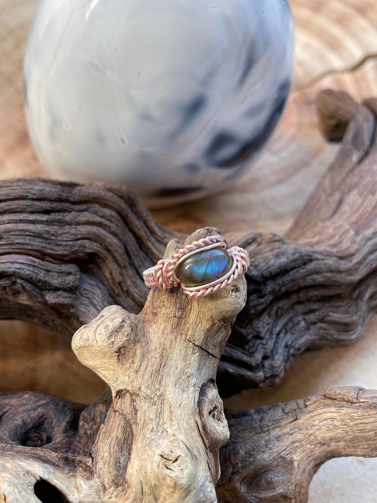 Size 7 | Labradorite & Rose Gold Dipped Copper Ring